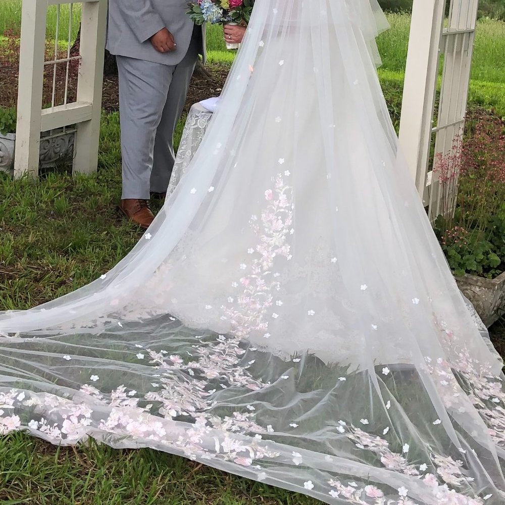 Cathedral length Veil Ivory with pink and white embroidered flowers